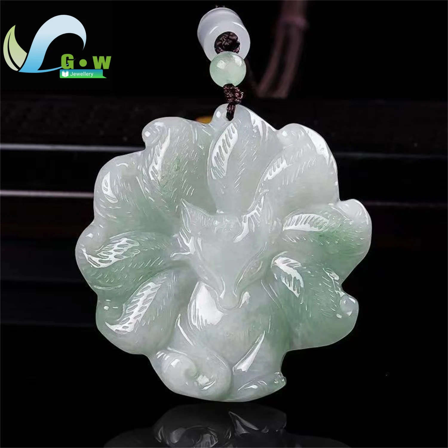 Natural Grade A Jadeite Light Color Nine Tailed Fox Pendant Fortune Love Wealth Guardian Unisex Men Women Gemstone Necklace