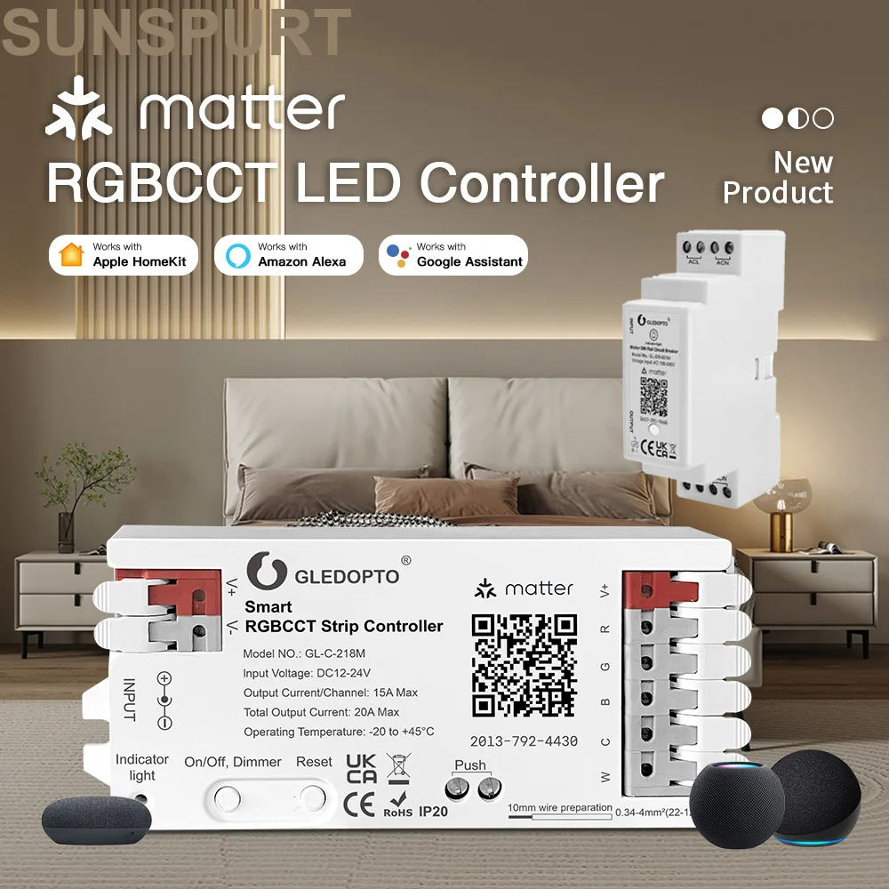 Matter WIFI RGBCCT Controller WLED Smart LED Strip 12V 24V Tuya Dimmer with Apple HomeKIT Amazon Alexa Google Siri Voice Control