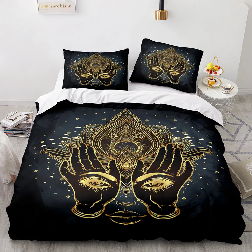 

Buddha Duvet Cover Set King/Queen Size,Hamsa Hand Indian Art Bohemian Mandala Zen Themed Bedding Set,Buddhist Decor Quilt Cover