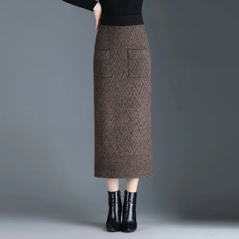 

Water Wave Stripe Pocket Knitted Wool Bodycon Long Skirt for Women Autumn Winter Elegant High Waist Slim Pencil Skirts Lady 1181