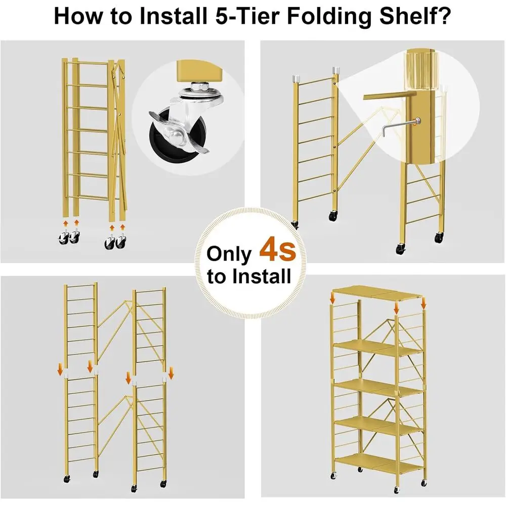 ชั้นวางของโลหะแบบพับได้ 5 ชั้น ขยายได้ พร้อมล้อ สำหรับจัดเก็บของในห้องครัว ห้องเก็บของ และโรงรถ สีทอง