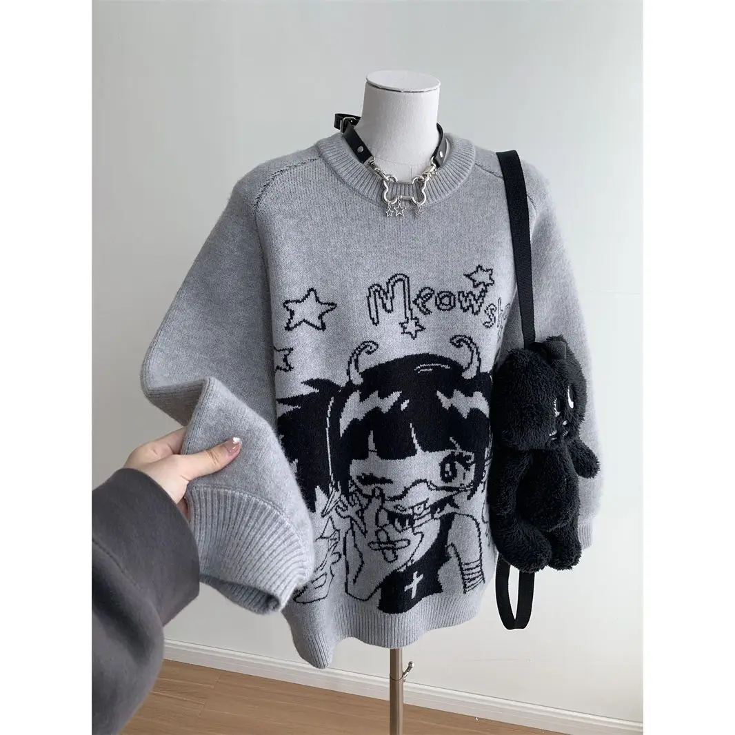 Onalippa Japanese Cartoon Graffiti Hoodie Stacked Sweater Autumn Winter Edition Student Concealed Show White Knitted Pullover