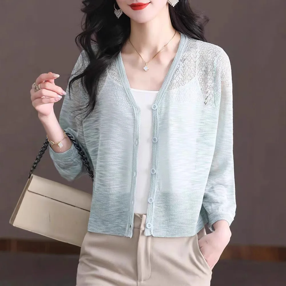 Summer Women's Thin Cardigan Sweater Casual Fashion Long Sleeve V Neck Sweater New Korean Style Casual Commuting Women's Top M33