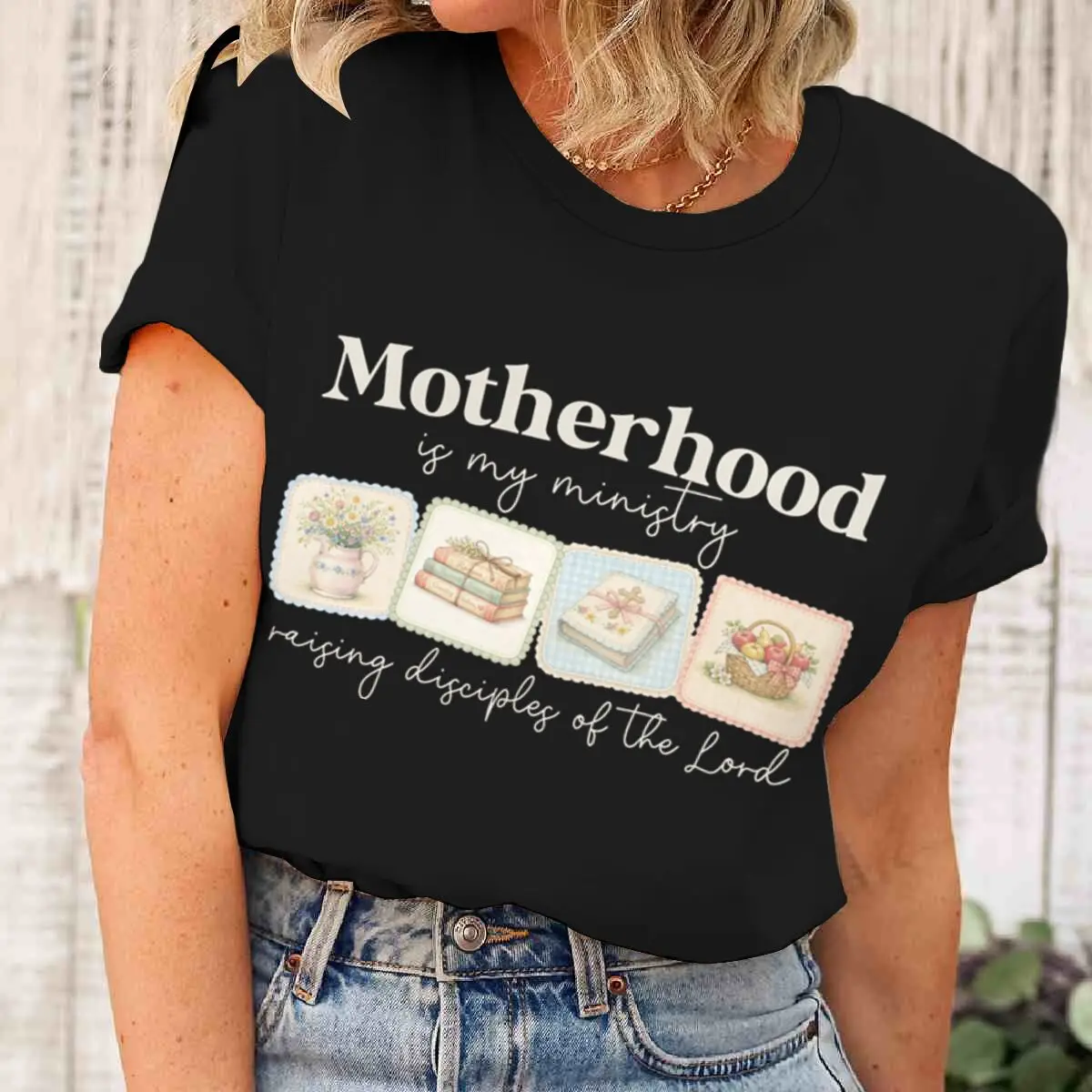 Motherhood T-shirts For Women Vintage Plant Books Christianity Print T Shirt Short Sleeve Tops Mama Life Ladies Crewneck Tshirt