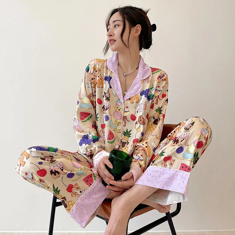 Cute Temperament Fashionable Zhao Lusi Style Long Sleeved Pants Satin Pajama Women\'s Home Clothes Luxury Silk Pajamas for Women