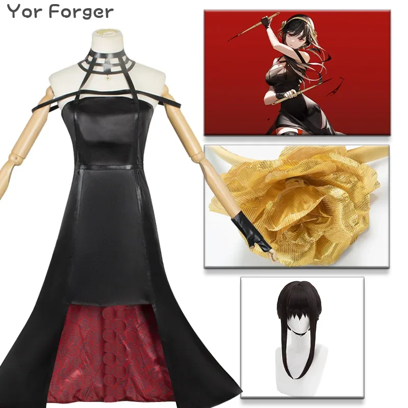 

Yor Forger Cosplay Costume Wig Killer Assassin Gothic Halter Black Dress Prop Halloween Party Outfit for Women Gilrs