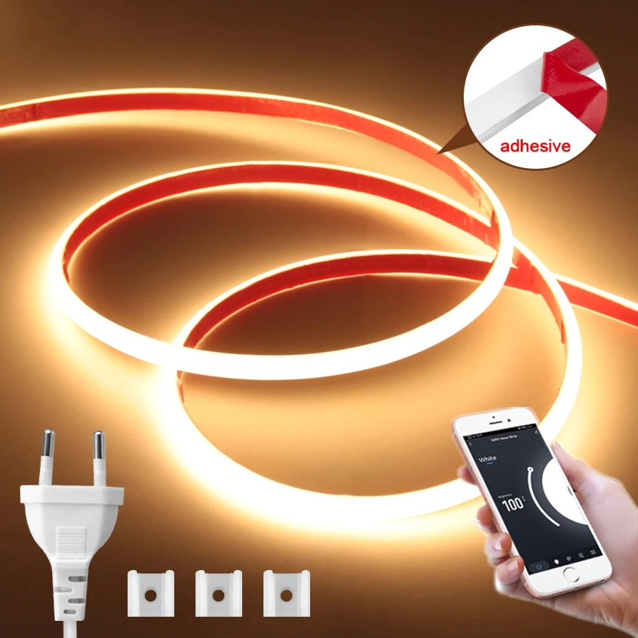 Tuya WiFi Bluetooth Remote COB LED Neon Strip Adhesive Light 220V High Density Decor Lighting IP65 Waterproof Flex Led Ribbon