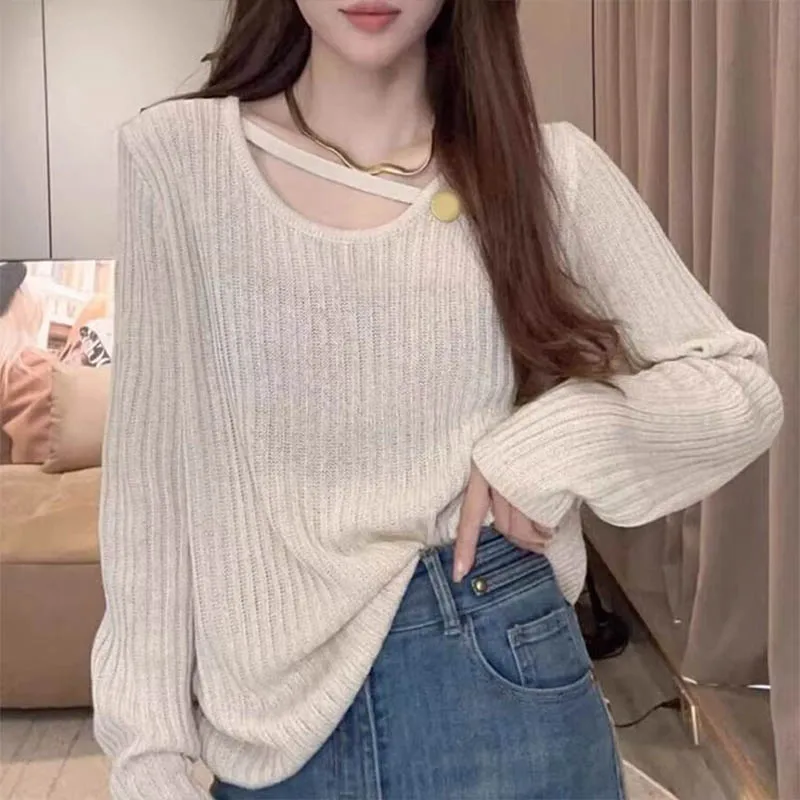 Women\'s Clothing Casual Loose Stomach Covering Tops Spring Autumn Elegant Fashion Hollow Out Knit Sweaters Solid Chic Pullovers