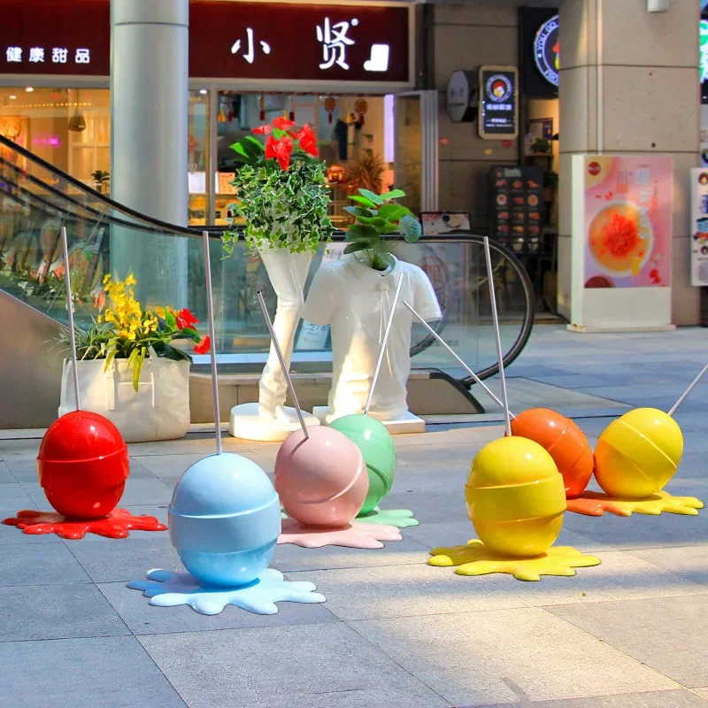 Outdoor large shopping mall milk tea shop entrance decoration square pedestrian street ornament simulation lollipop fiberglass