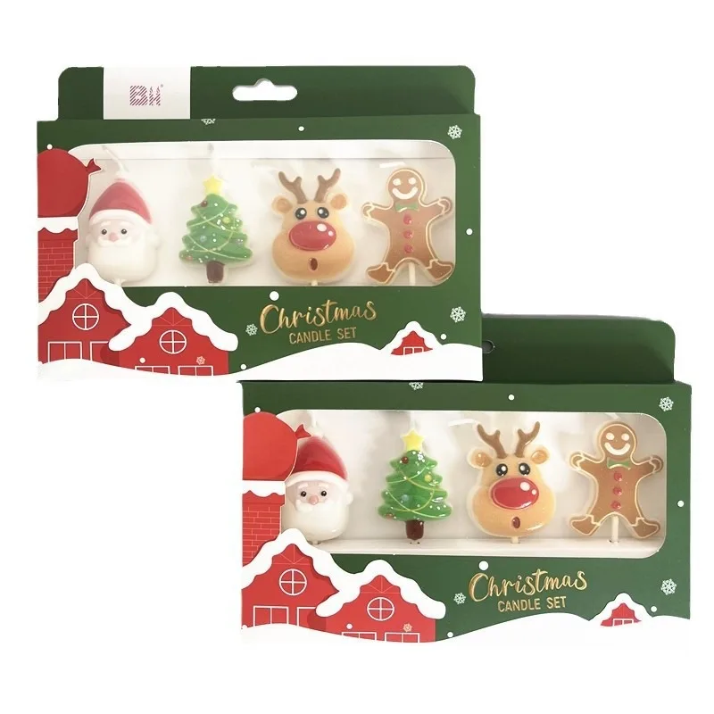 Christmas Theme Birthday Candles with Gingerbread Man, Reindeer, Santa, and Tree Shapes, Set of 4 per Box