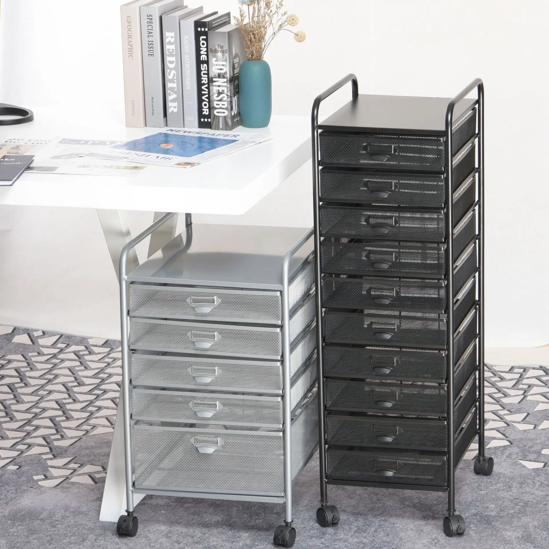 Wrought Iron Multi-Layer A3 File Rack With Drawer Trolley, Office Information Storage Cabinet, File Sorting Shelf