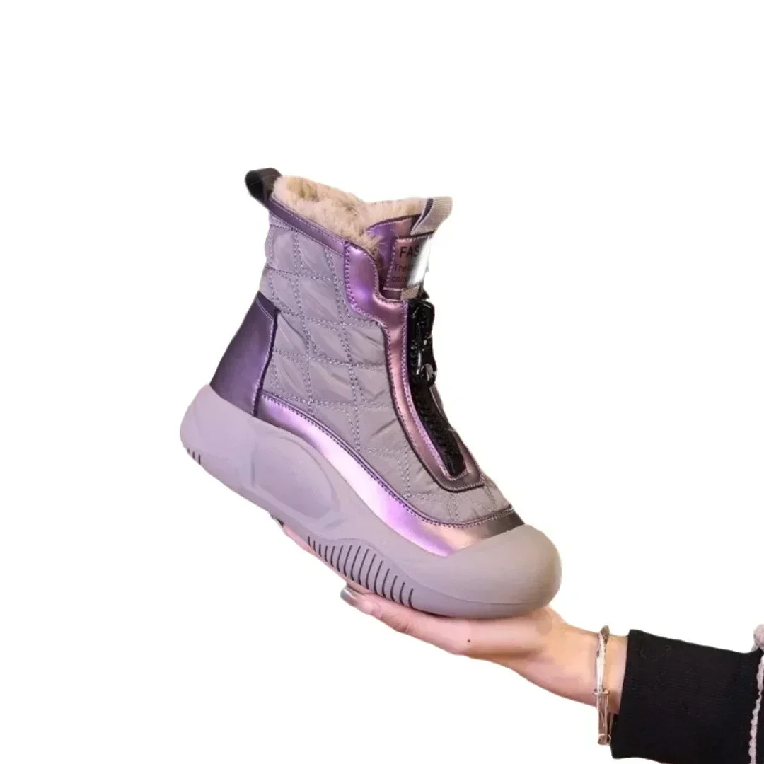New 2024 Winter Warm Boots Women High Top Snow Boots Ladies Plush Platform Ankle Shoes Front Zipper Fur Chunky Sneakers Woman
