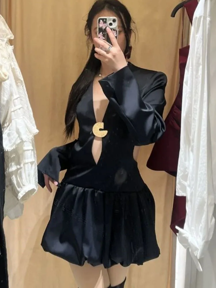 HH Women Summer Mini Dresses Long Sleeves Sexy V-Neck Hollow Backless Decorate Dress Female Solid Slim Elegant Party Dress