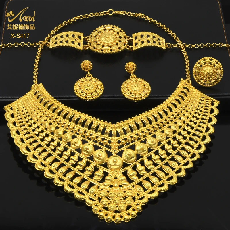 ANIID Luxury Indian Jewelry Sets for Women Party Dubai 24K Gold Color Necklace Set African Wedding Traditional Jewelry Gifts