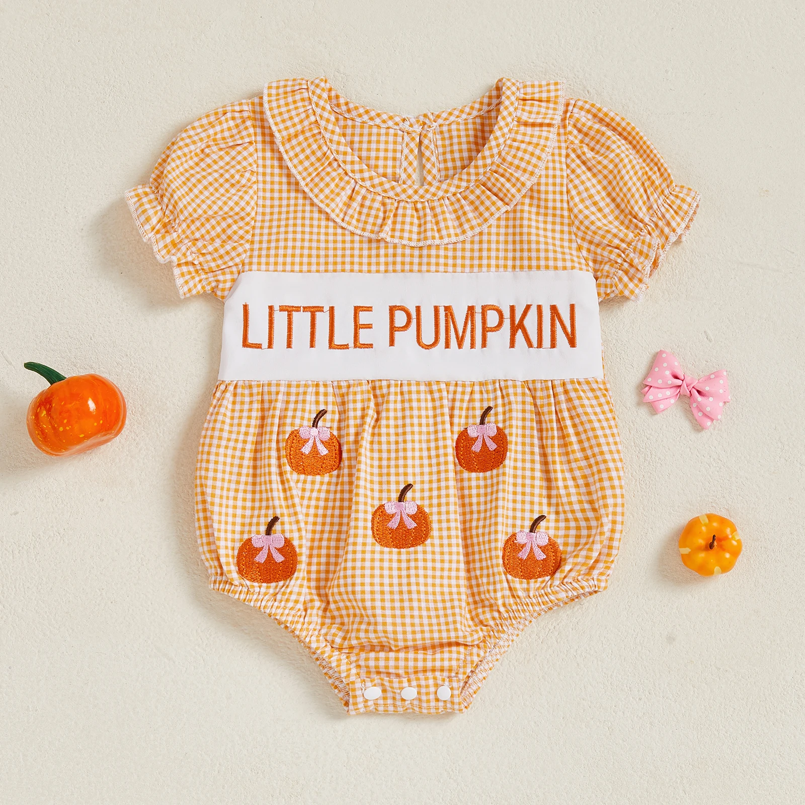 

Baby Girl Halloween Outfit Infant Ghost Bubble Smocked Romper Newborn Plaid Bodysuit Shirt Toddler Fall Clothes