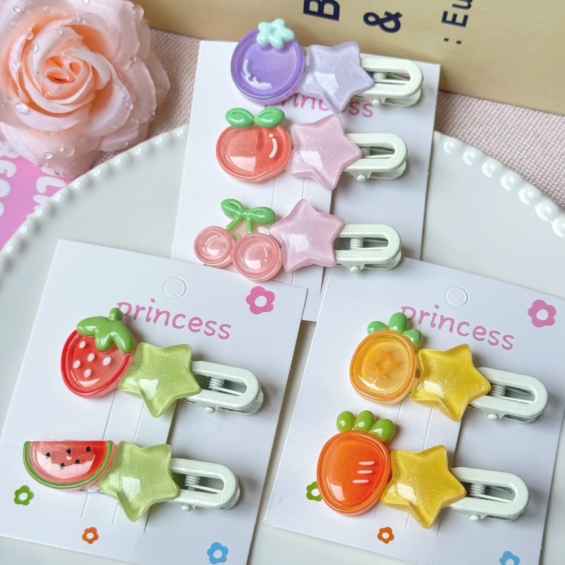 Аксессуары для волос с розовыми фруктами, 2 шт., зажимы с пятиконечной звездой, прозрачные блестящие заколки для волос, милые украшения для волос для школьниц