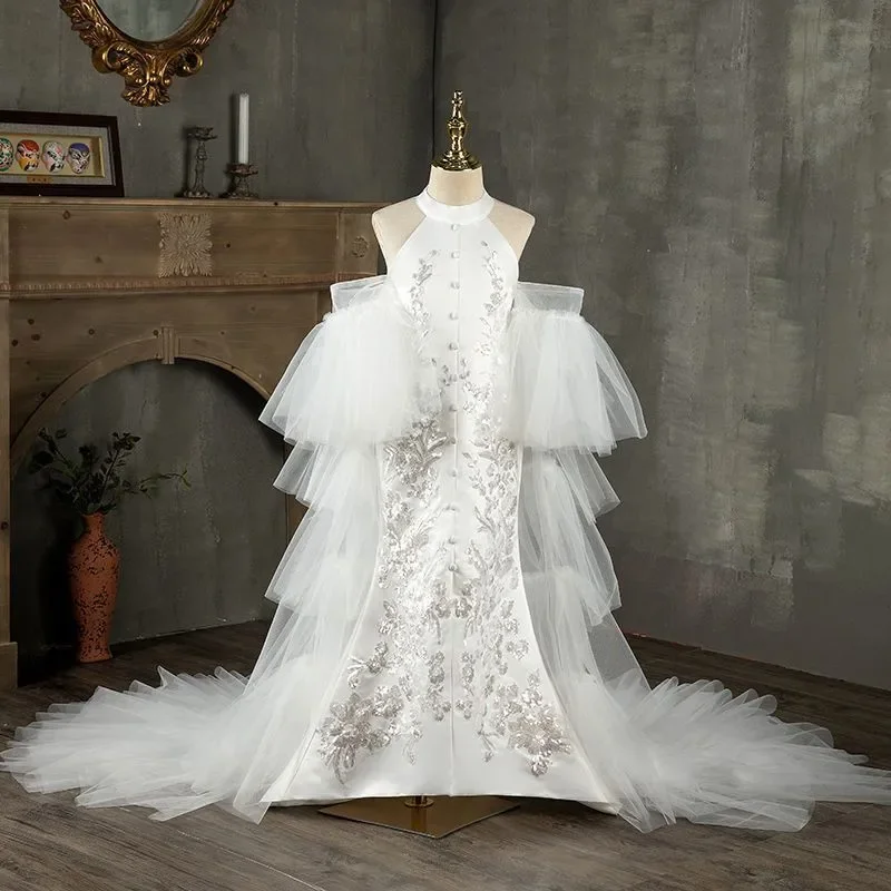 Chinese Style Children Girl Elegant Fashion Dress High End Chic Princess Dresses Tulle Trailing Frocks Formal Pageant Costume
