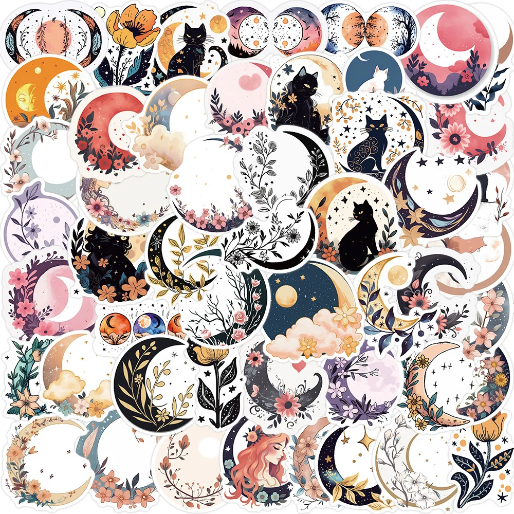 

50pcs Moon Flower Cat Stickers For Scrapbook Ipad Laptop Phone Vintage Sticker Aesthetic Scrapbooking Materiales Craft Supplies