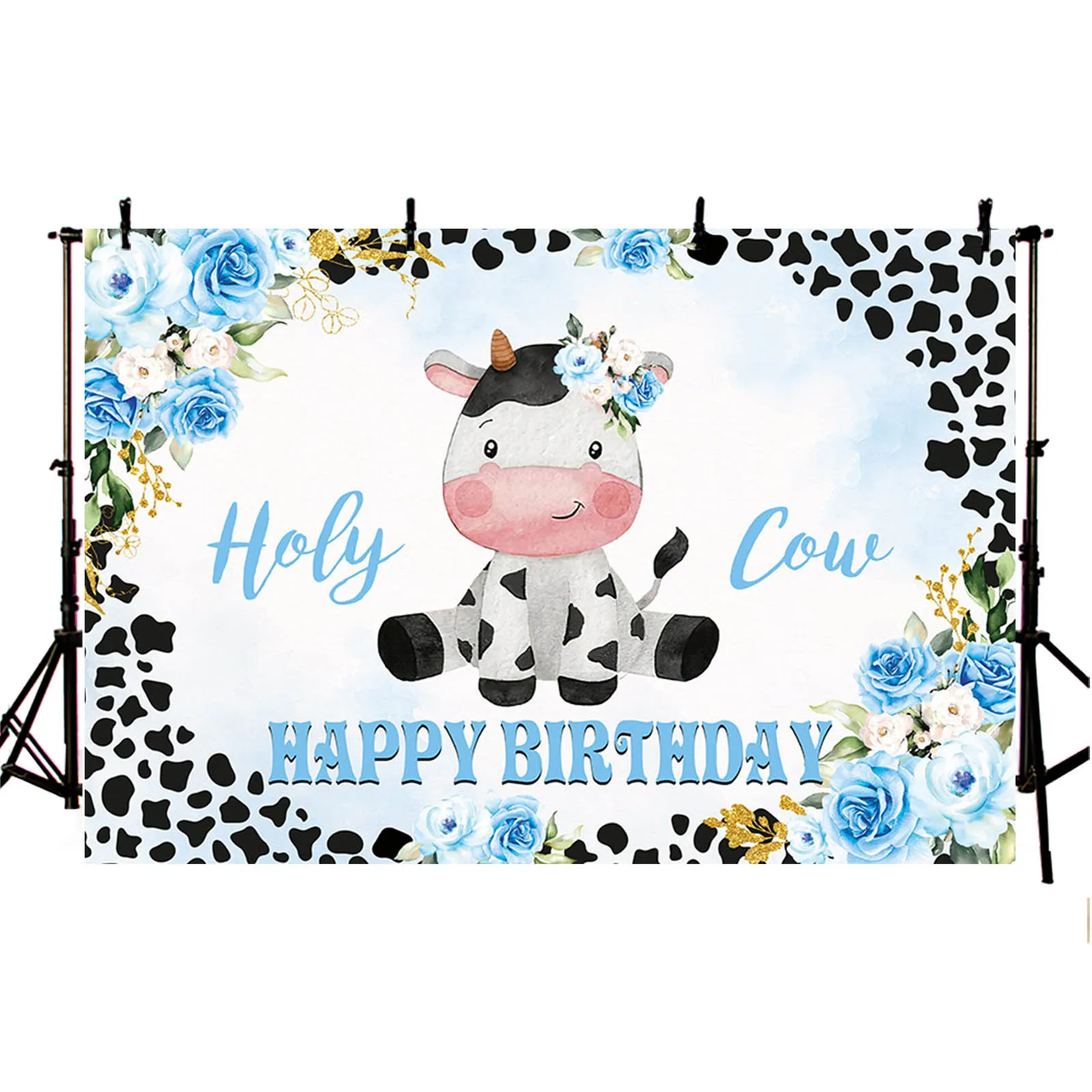 Holy Cow Birthday Backdrop for Girls or Boys Pink Blue Flower Cow Texture Pattern Party Decor Cake Table Photography Background