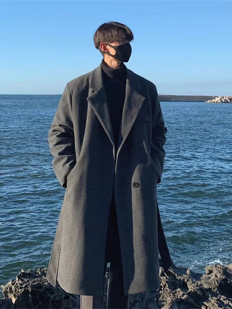 

Мужское шерстяное пальто Thiened, осенне-зимнее, длинное, ниже колена, свободного кроя, в корейском стиле, с наплечниками, ветровка, верхняя одежда