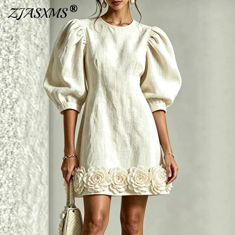 Damen 3D-Blumenapplikationen Mini-Kleider Rundhals Einfarbig Puffärmel A-Linien-Kleid Elegante Hochzeitsgast-Party-Kurzkleider