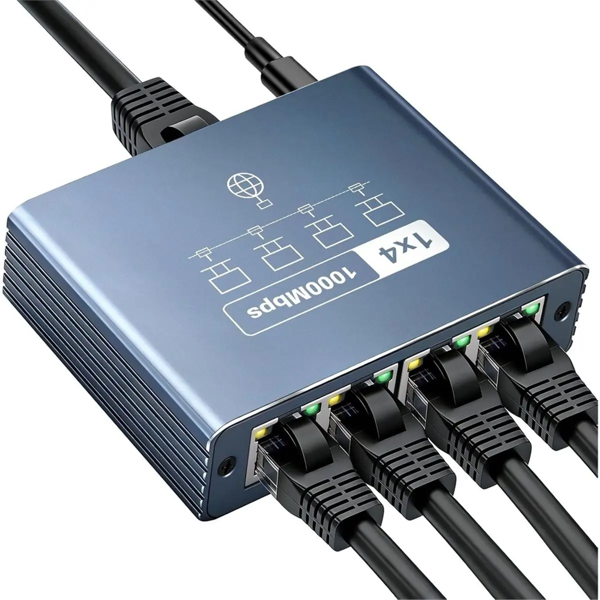 ◆♦Top Rated-LAN Switch 1to4 1000 Mbps Ethernet Splitter 4 Port Aluminium Gigabit Switch RJ45 with USB-C Power Cable Network Spli