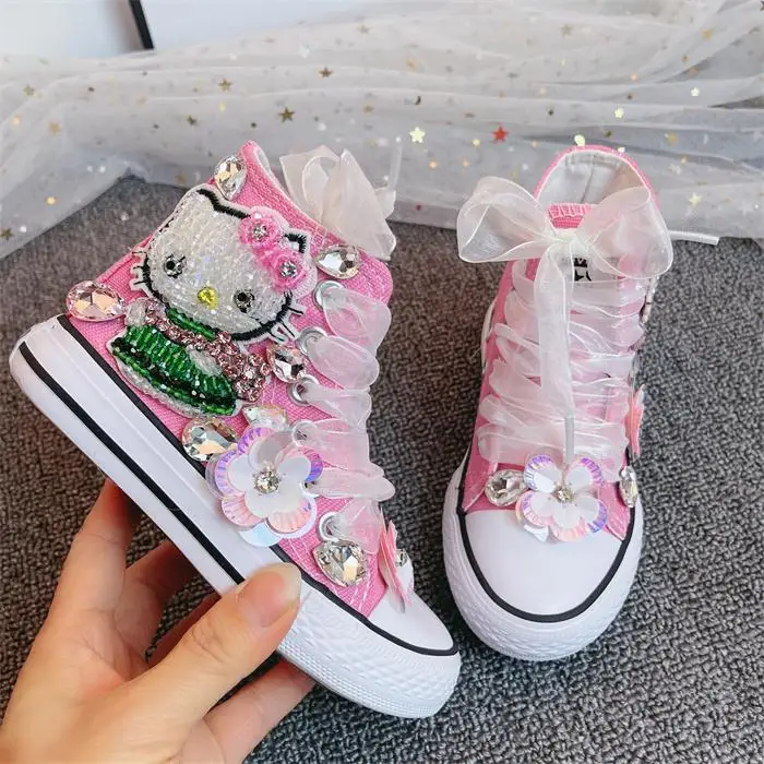 Anime Kawaii Sanrios Hellokittys Kids Canvas Shoes High-Top Flats Girls Sneakers Cartoon Rhinestone Baby Princess Cloth Shoes