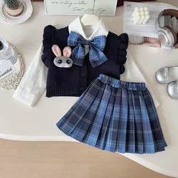 Fall 2024 New Girl JK Suit Little Girl Preppy Knit Vest + Solid Color Shirt + Pleated Skirt 3 Piece Set  Girl Outfit Set 2-7y