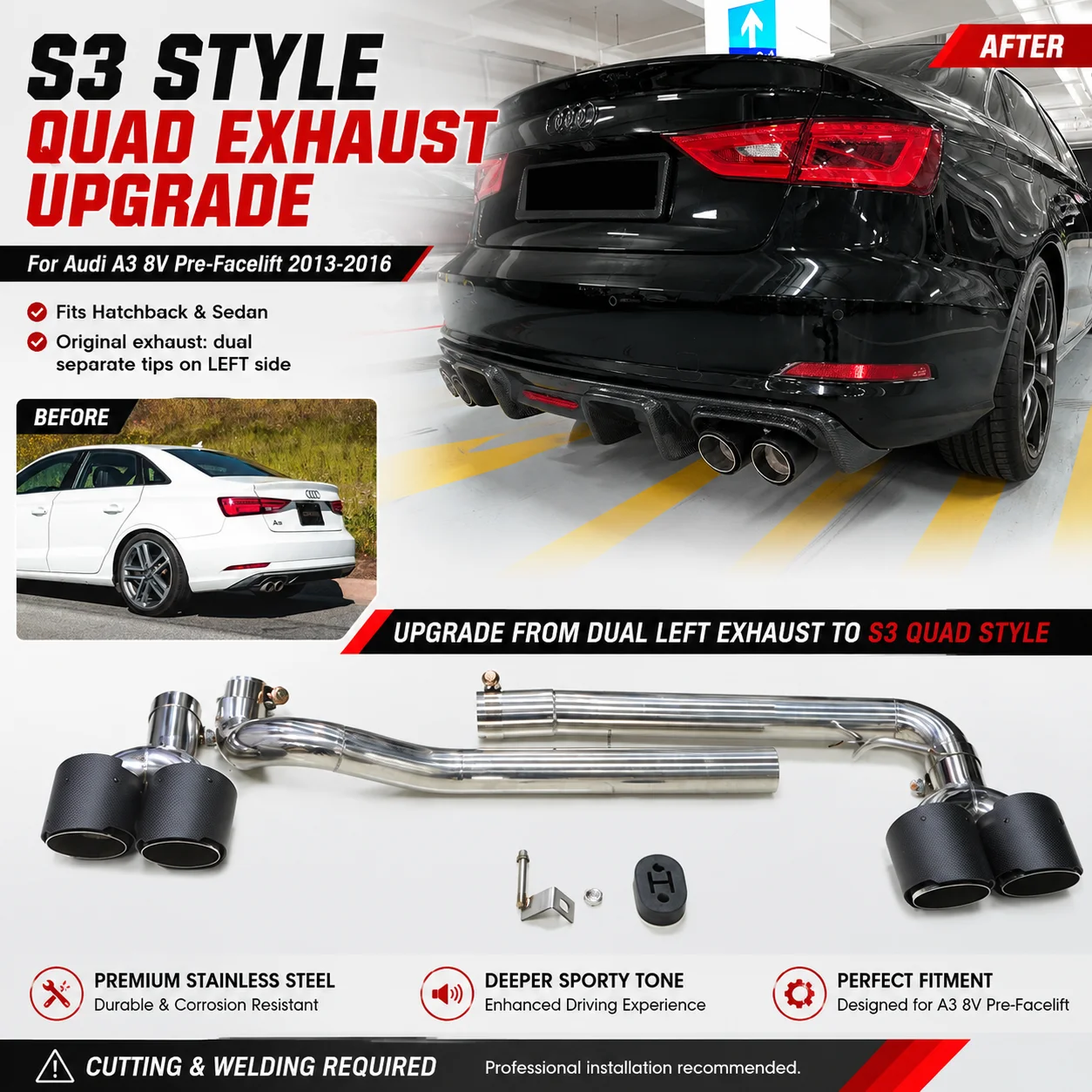 1 Set Weld-On Quad Exhaust Tips FOR Audi A3 8V 2013-2016 Sedan/Sportback S3 Style Decorative Tailpipe Conversion