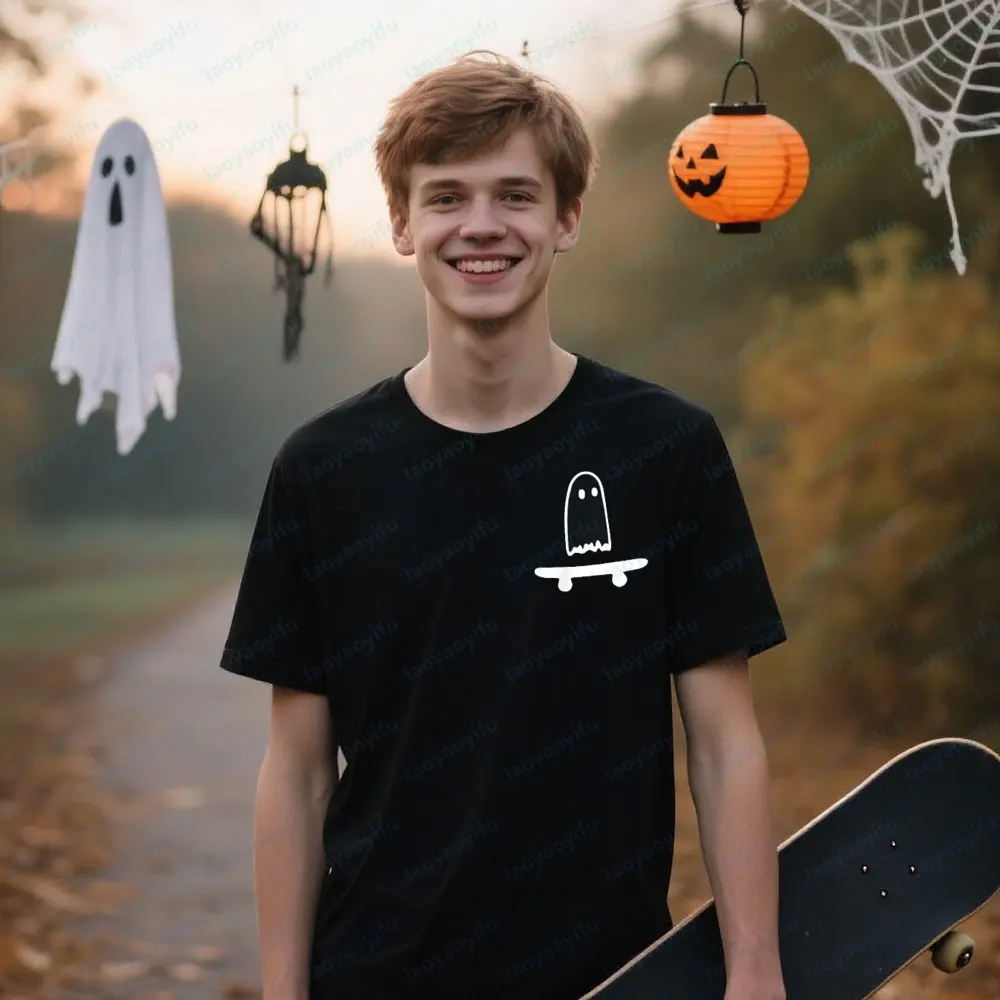 

Ghost Skateboard Halloween Costume Funny Skateboarding T-Shirt The Best Halloween Gift for Skateboard Lover Men Women Cotton Tee