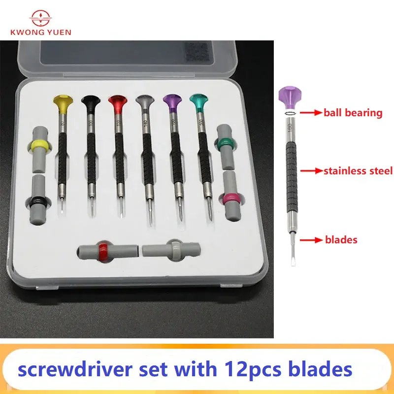 Kwong YUEN Stainless Steel Screwdriver Set With Ball Bearing Screwdriver with Spare Blades Watch Repair Tool Kit