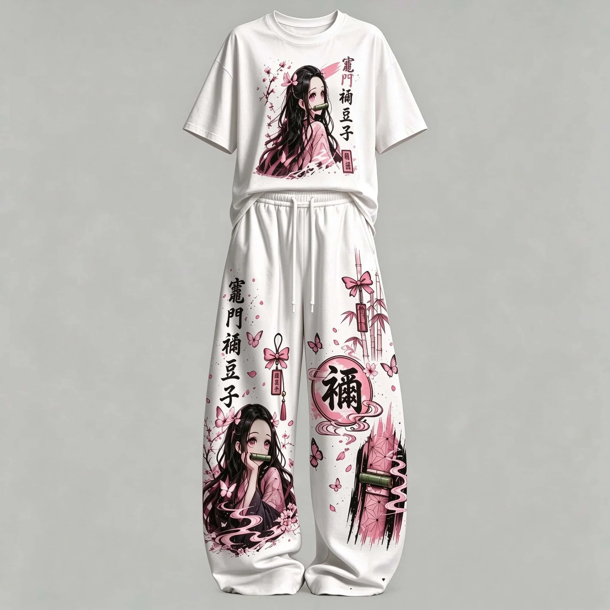 Ghost Slayer Cartoon Printed Loose T-shirt Wide Leg Pants Two Piece Set Y2K Street Leisure Family Set