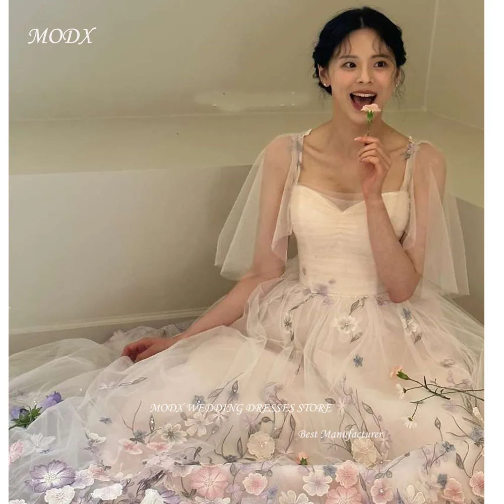 Modx fada floral 3d flores rendas uma linha vestidos de casamento coreia photoshoot até o chão vestidos de noiva espartilho voltar vestido de noite