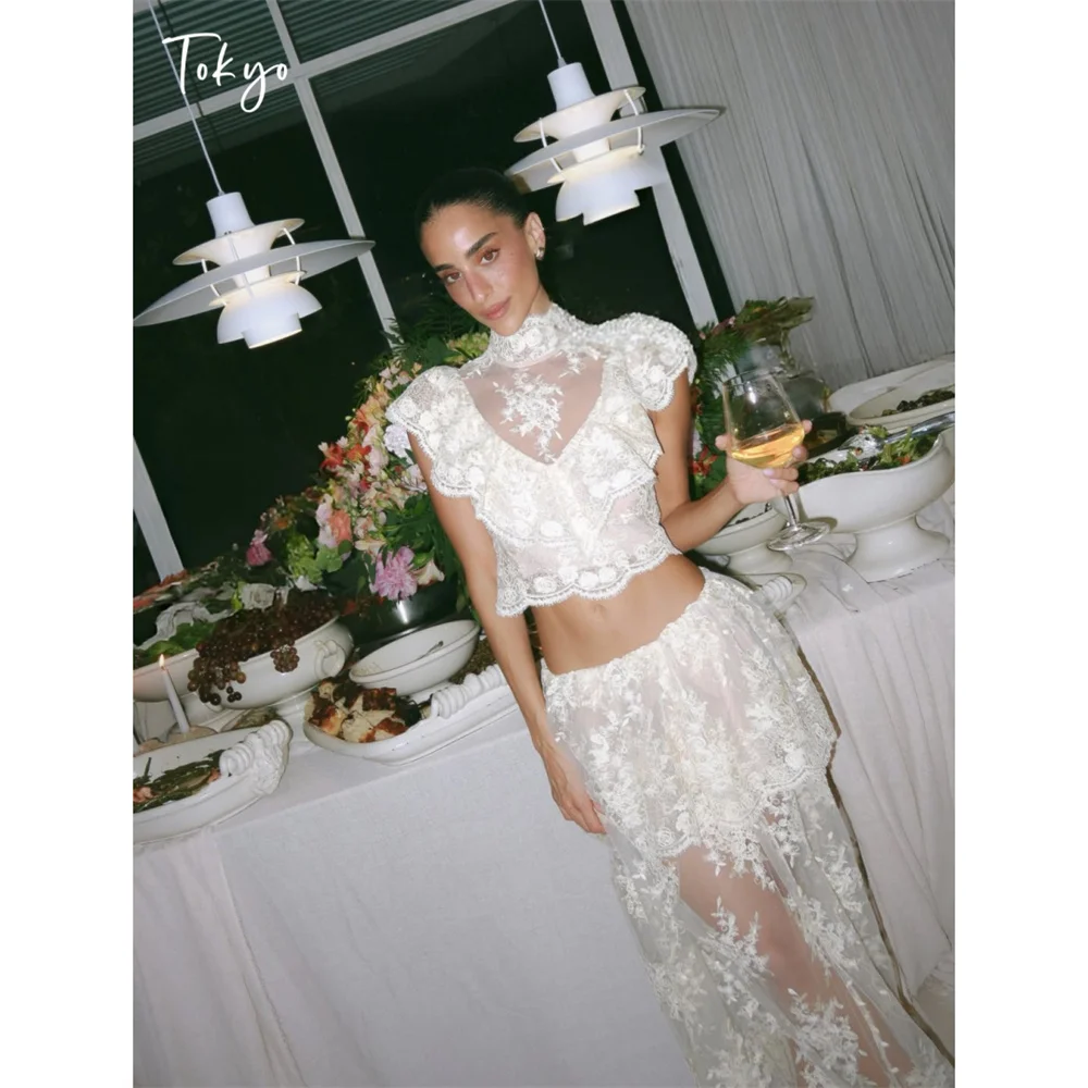 Tokyo Two Piece High Neck Floral Lace Maxi Dress Elegant Sheer Mesh Crop Top Skirt Set For Wedding Reception Cocktail Party 2026
