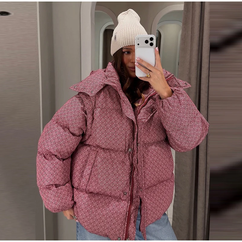 Printed Hooded Padded Coats Women's Loose Zipper Single-breasted Pockets Thicken Coats 2026 New Ladies Winter Fashion Outwear