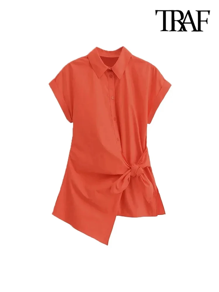 TRAF-Asymmetric Poplin Shirts for Women, Front Knot with Ties, Short Sleeve, Button-up, Female Blouses, Chic Tops, Fashion