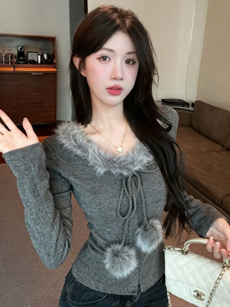 

Gray Knitted Sweater Women's Autumn Winter New Pure Desire Top High-End Base Shirt Beautiful Knitwear Soft Breathable Korean ...