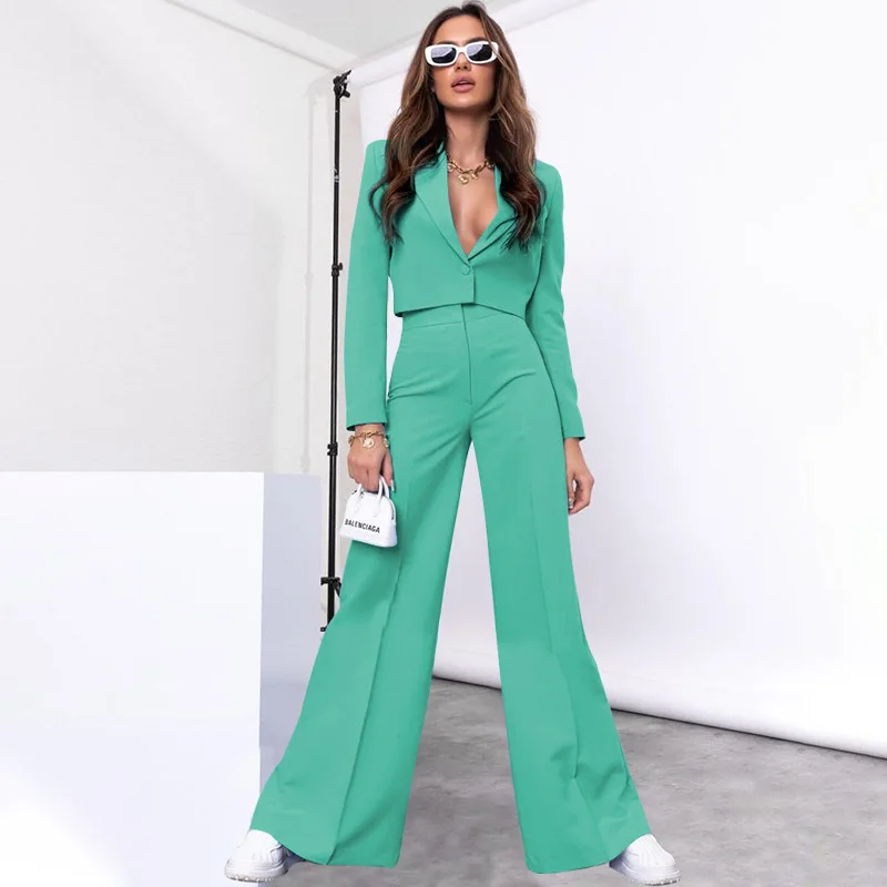 VANHAO Sexy Outfits Crop Top Blazer and High Waist Wide Leg Pants Fashion Two Piece Set Women Outfit 2023 Wholesale Dropshipping