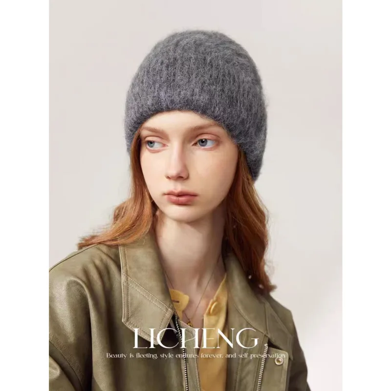 Winter Alpaca Cashmere Wool Knitted Hat Women Warm Soft Solid Color Beanies