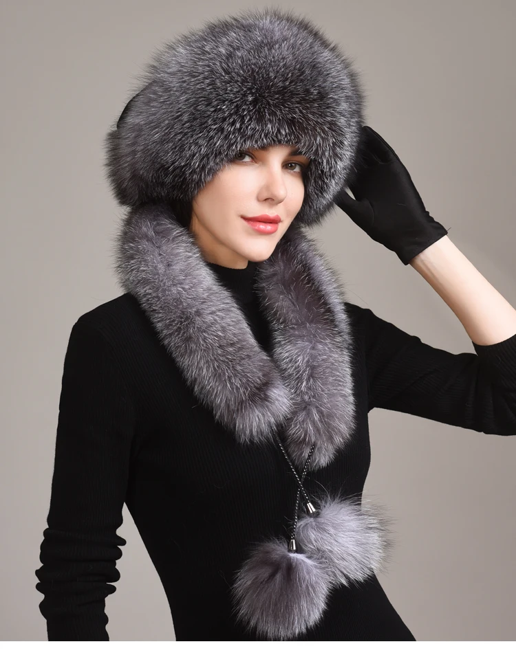 Echte Fuchsfellmütze mit Kaninchenfell-Oberteil, Wintermützen für Mädchen mit langen Schleppen und Pompons, Russische Trappermützen, Kappen und Bonnets für Frauen – Detail 8