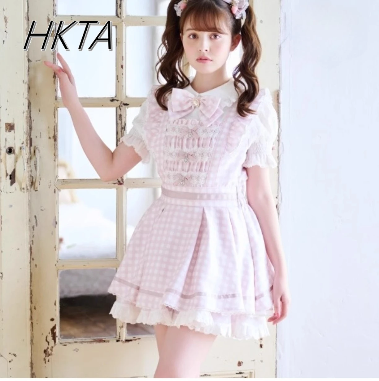 

Japanese Cute Girl Sweet Bow Liz Dress Shorts Set Women 2025 New Summer Bubble Short-sleeved Plaid Dress Lolita Girls Vestdios