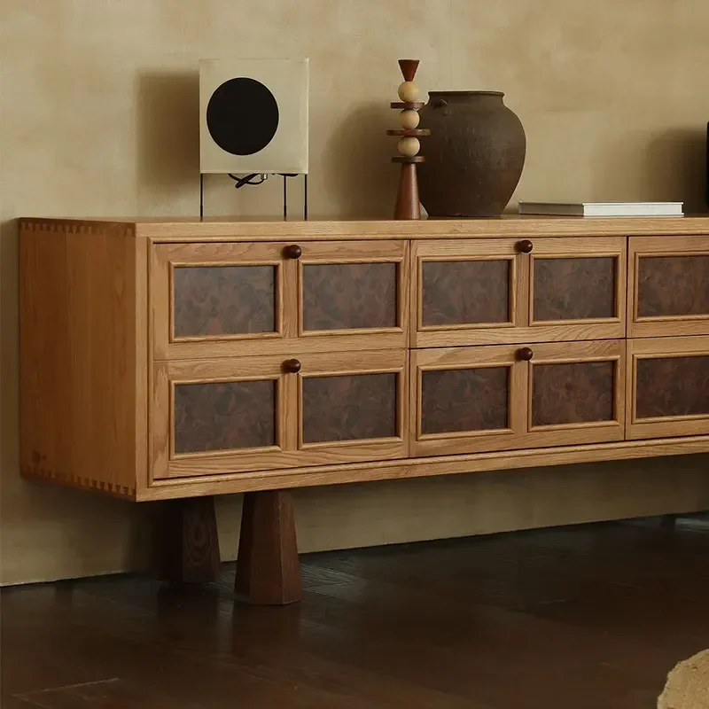 Oriental medium and ancient style TV cabinet French retro solid wood storage cabinet Black walnut tree tumor surprise low