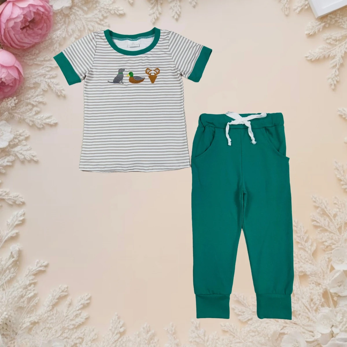 

Toddler Boy Outfit Kids Embroidery Ducks Striped Short Sleeve Tops and Pockets Pants Set Spring Fall Casual Outfit Kids Playwear