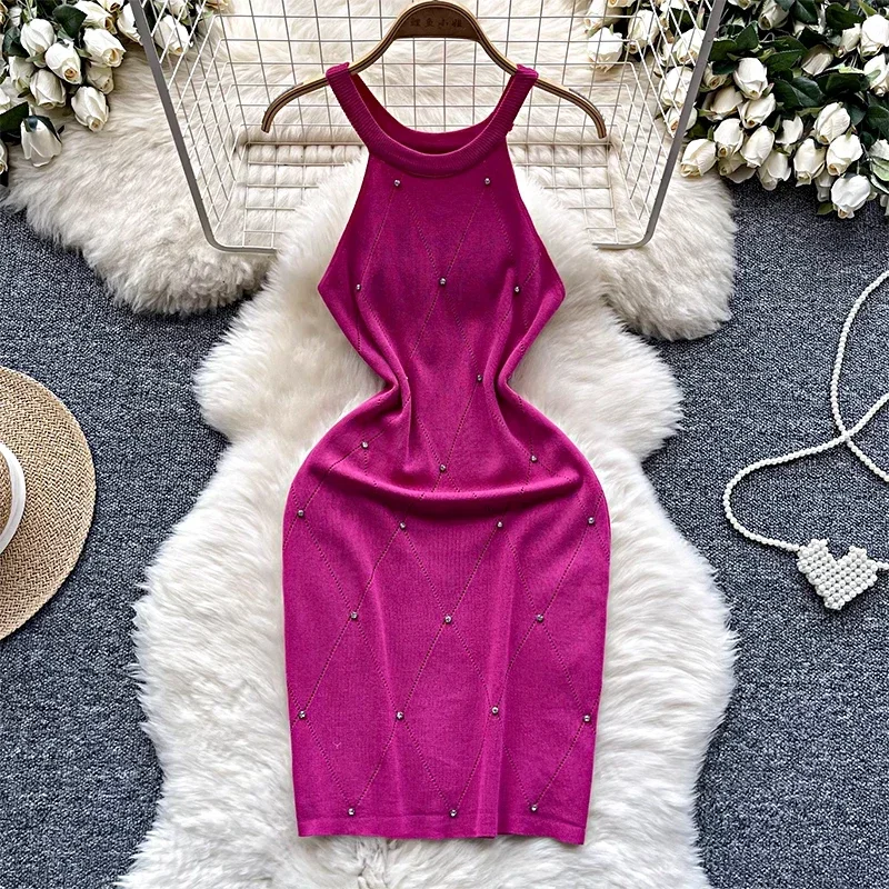 Beading Halter Women's Knitting Sheath Tank Dress Female Bodycon Knitted Camisole Sleeveless Mini Dresses For Woman Outfits