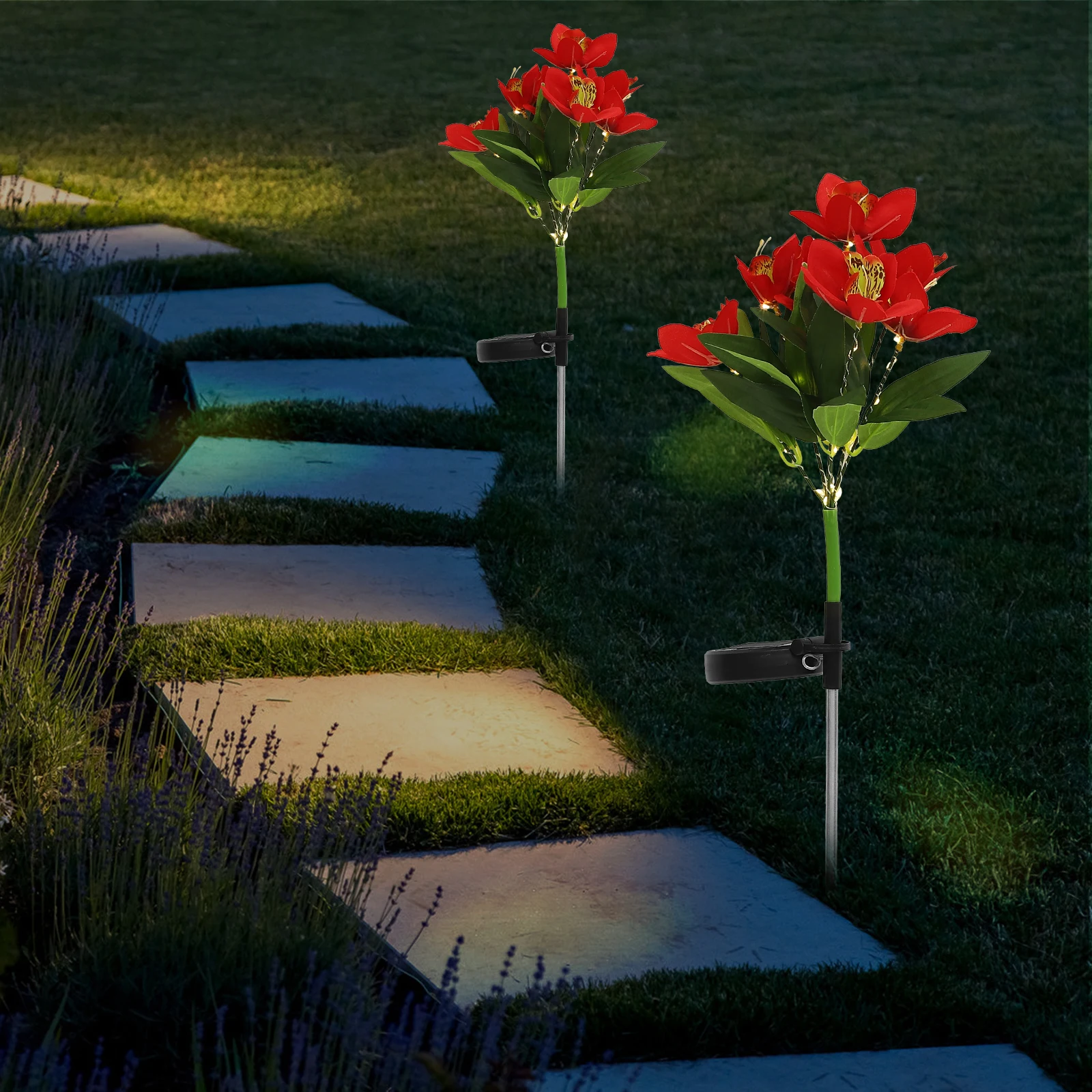 

Solar Powered Heads Red Flower Outdoor Decor Stake Lamp for Garden Lawn Decoration Outdoor Solar Lights DIY Party Decor