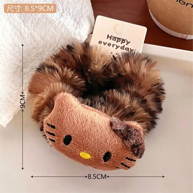 Sanrio Hello Kitty Leopard Print 새끼 고양이 헤어 루프 귀여운 플러시 헤어 로프 고탄성 헤어 액세서리 소녀를위한 생일 선물