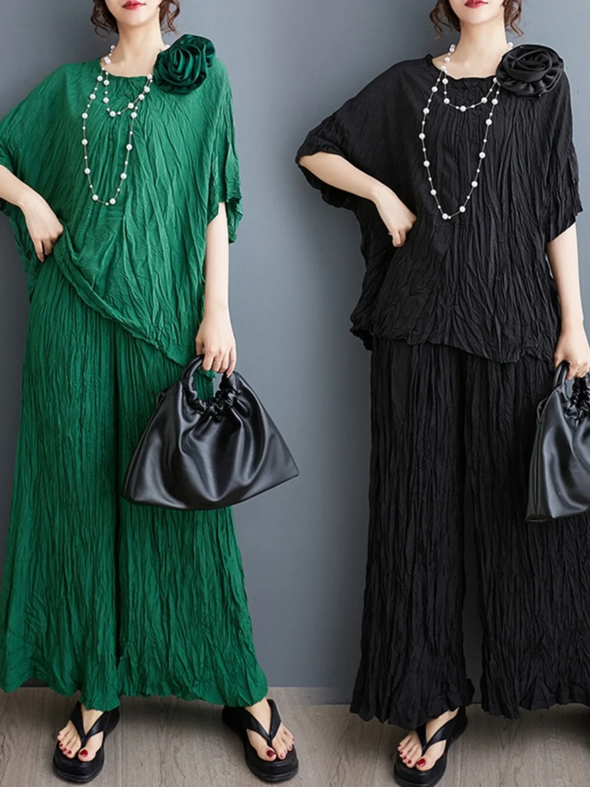 

Summer New Loose Artistic Flavor 3D Flower Crt Pleated Top Wide Leg Pants Two Piece Set Cotton ort Sve round Ne