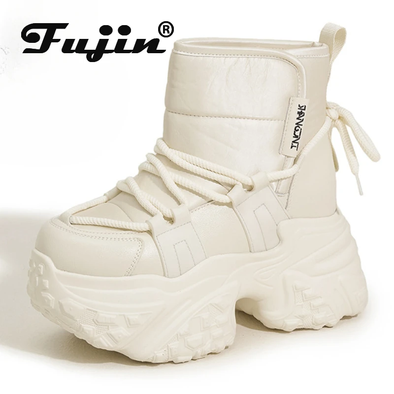 

Fujin 10cm Retro Synthetic Leather Snow Heel Autumn Women Motorcycle Ankle Booties Winter Boots Ethnic ZIP Platform Flats Shoes