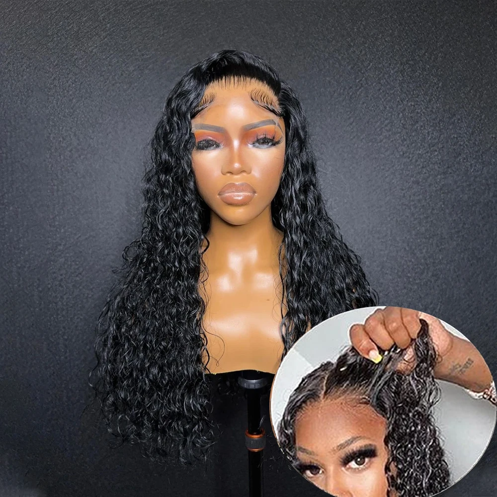 Kincky Culry Lace Closure Wigs Synthetic Water Wave Lace Front Wigs 4X4 HD Deep Curly Wet and Wavy Ready to Wear Glueless Wigs