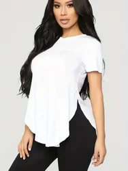 Plus Size Fashion Crew Neck Top Short Sleeve Women's T-Shirt 2024 Casual Chic Hem Regular Black Hot Black Printed Top for Women